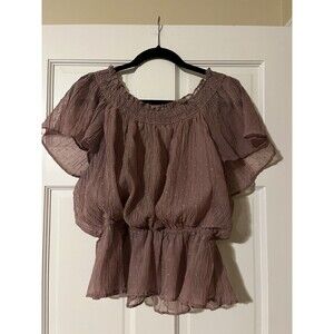 Blu Pepper Women’s Mauve Polka Dot Off Shoulder Flutter Chiffon Peplum Blouse L